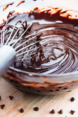 Melted chocolate in bowl with whisk