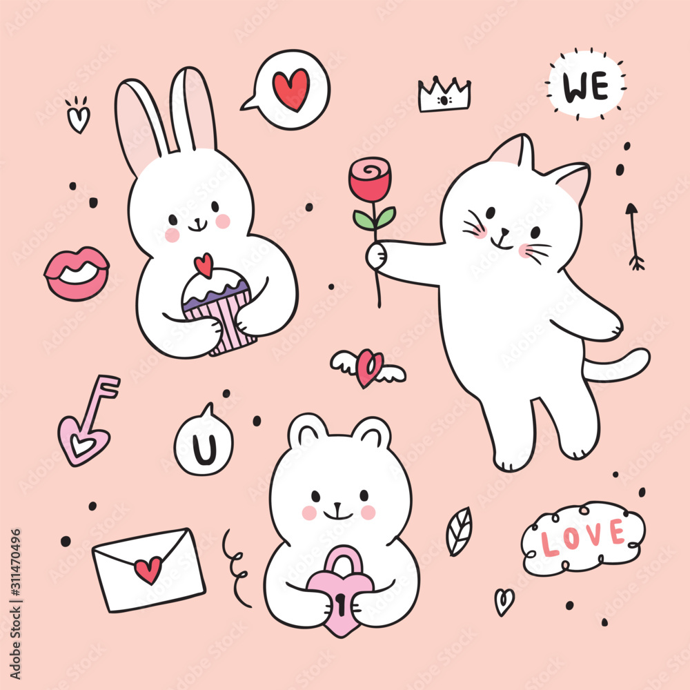 Wall mural Cartoon cute Valentines day rabbit and cat and bear and lodoodle vector.