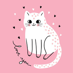 Cartoon cute Valentines day   cats and  hearts vector.