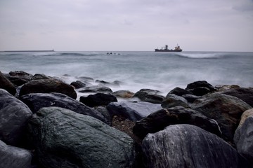 Long exposure rocky seaside scenery in Hualien, Taiwan.