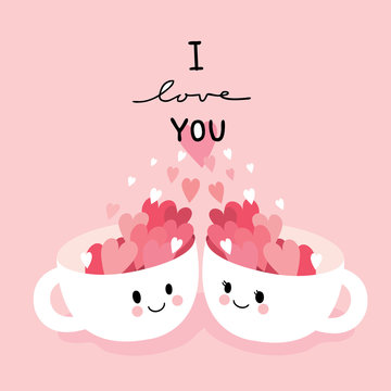 Cartoon Cute Valentines Day Two Cup Coffee Lover Vector.