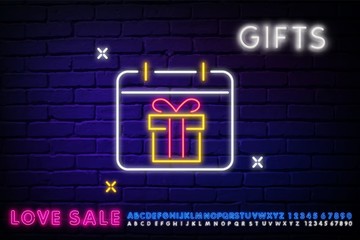 Gift on the calendar neon sign. Holiday advertisement design. Gift neon sign, Win super prize design template, modern trend design, night neon signboard, night bright advertising, light banner