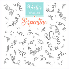 Serpentine ribbon icon set. Carnival party serpentine and confetti decoration. The decor for the holiday. Big vector collection.