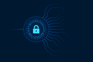 Cyber security illustration, lock icon on data circuit line, light graphic on blue background, copy space composition.