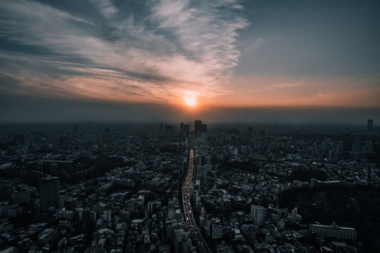 sunset over Shibuya, Tokyo city