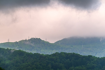 Fog in the dense green forest on the top of the hill. Power lines in the mountains.