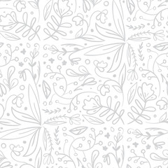 Graues, nahtloses Muster von handgezeichneten verschiedenen Blumen und Pflanzen. Verwendung für Textilien, Papier, Geschenkkarten und Banner.