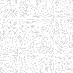  Grijze naadloze patroon van hand getrokken verschillende bloemen en planten. Gebruik voor textiel, papier, cadeaubonnen en banner. © EcodoDesign