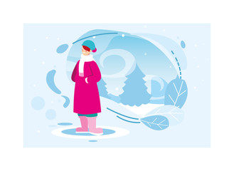 woman with winter clothes in landscape with snowfall