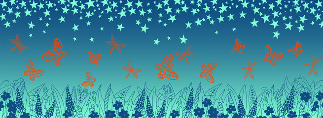 Horizontal banner with stars, butterflies, ostrich and flowers. Colors of the year 2020: blue, blue-mint, orange-red. Bright texture. Vectron illustration.