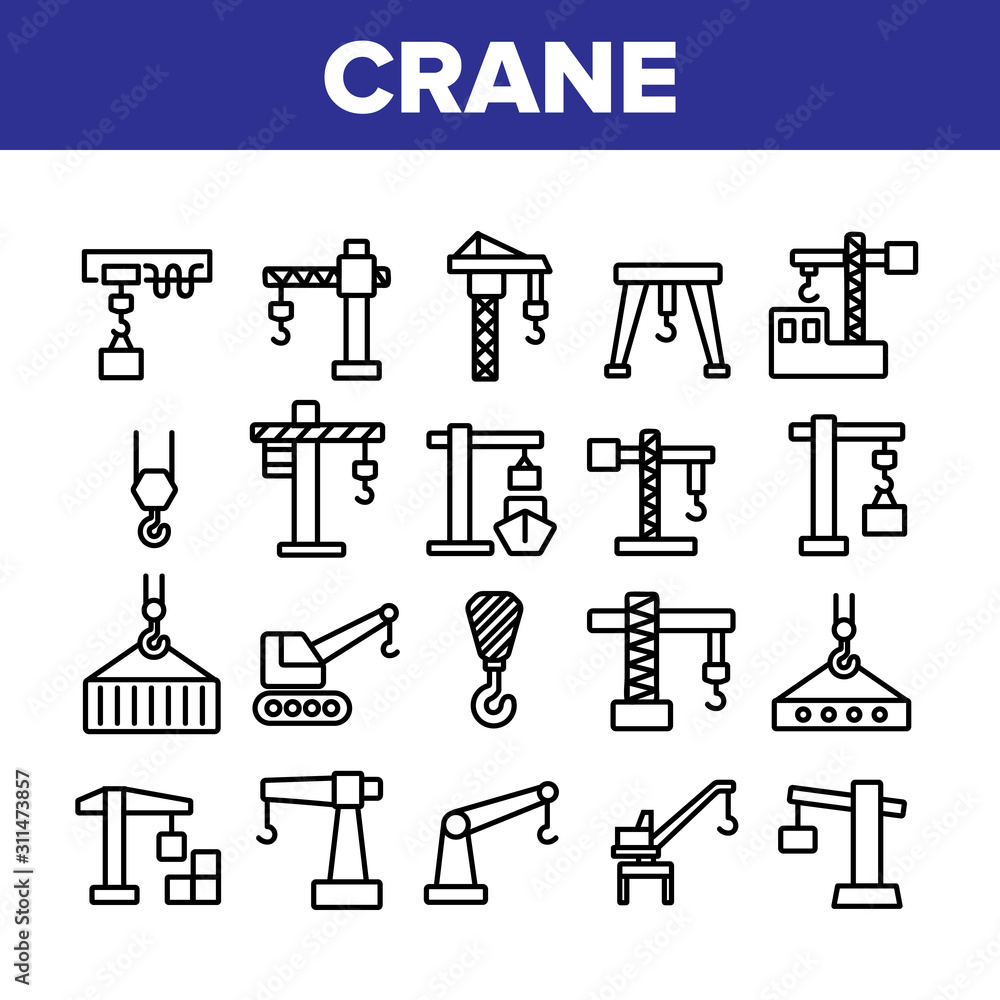 Aufkleber crane building machine collection icons set vector thin line. port crane bulldozer with container, c