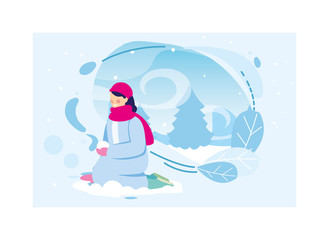 woman with winter clothes in landscape with snowfall