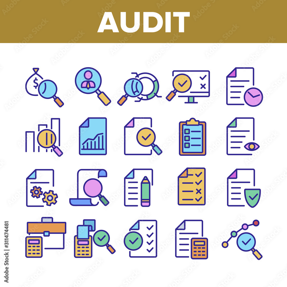 Poster audit finance report collection icons set vector thin line. financial audit document file, bag with 