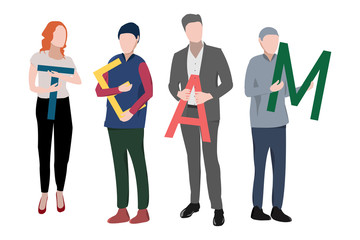 Fototapeta premium A group of people holds the letters that make up the word team. The office team. Mutual help from everyone. Vector eps illustration.