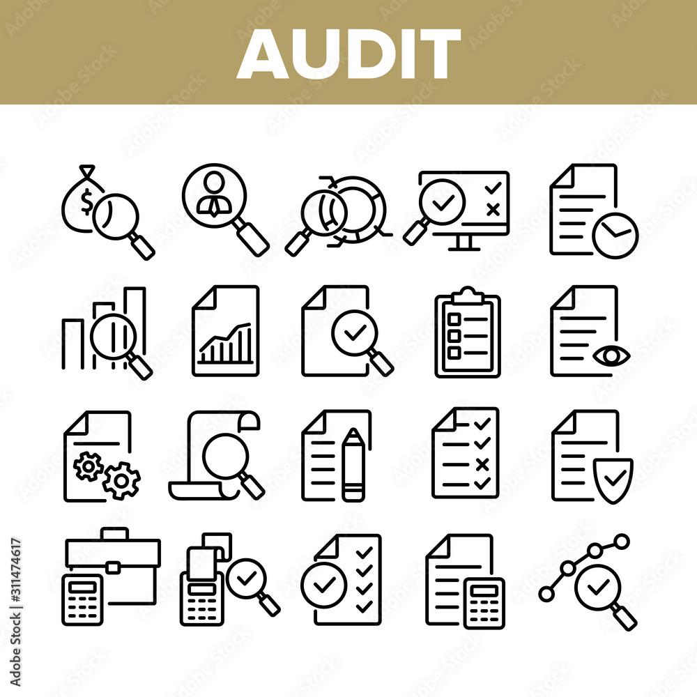 Poster audit finance report collection icons set vector thin line. financial audit document file, bag with 