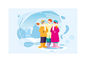 group of people with winter clothes in landscape with snowfall