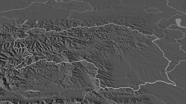 Steiermark, state with its capital, zoomed and extruded on the bilevel map of Austria in the conformal Stereographic projection. Animation 3D