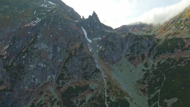 Aerial Tilt down to lake Morskie Oko. Poland