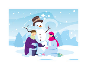 couple of people with snowman in winter landscape