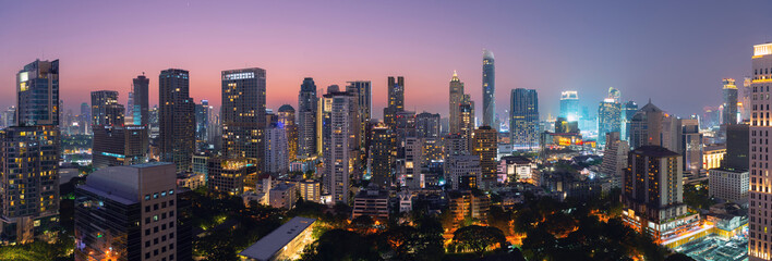 night rooftop view skyline panoramic twilight, office buildings, living, condominium in bangkok...