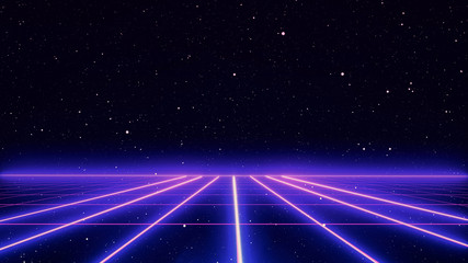 Fototapeta na wymiar Retro cyberpunk style 80s Sci-Fi Background Futuristic with laser grid landscape. Digital cyber surface style of the 1980`s. 3D illustration