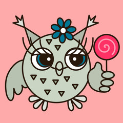 Emoticon with a cool owl girl who stands and holds a lollipop in his hand, simple hand drawn emoticon, vector simplistic colorful picture 