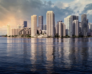 Fototapeta na wymiar Miami Skyline at Sunset Viewed from Over the Ocean