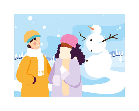 couple of people with snowman in winter landscape