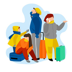 people with Luggage at the airport. vector illustration. family waiting for a tourist trip