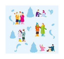 set of people with winter clothes on blue background