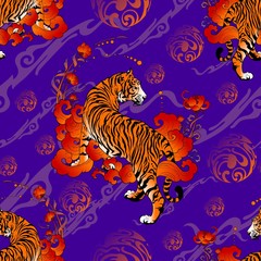 Tiger and flower and cloud design with Japanese or Chinese oriental traditional tattoo style seamless pattern vector with purple tone background