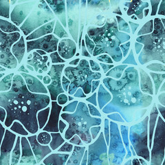 Seamless  pattern with wavy contour lines-seaweed,starfish, in emerald,blue  color.Watercolor illustration for fabric design, wrapping paper,wallpaper, paper bag,home design,wall tiles,background,web.