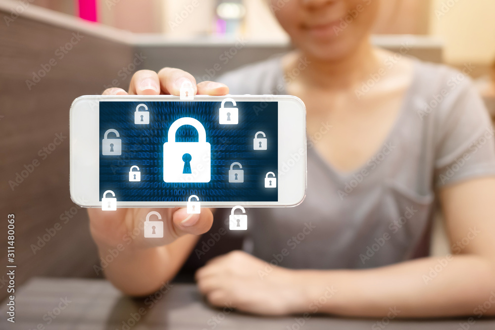 Aufkleber woman using smartphone with icon graphic cyber security network of connected devices and personal da