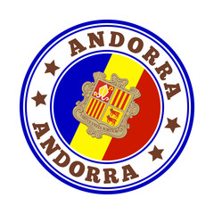 Andorra sign with round country logo and flag. Vector illustration of a national emblem.