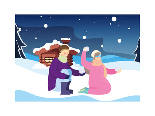 couple of people with winter landscape and family house