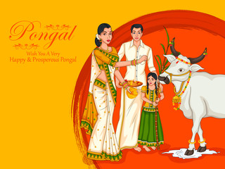 Happy Pongal religious holiday background for harvesting festival of India in vector