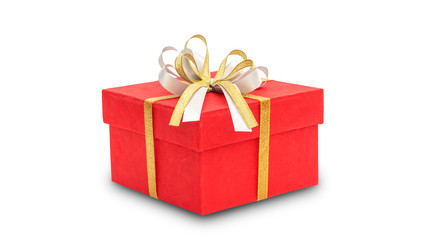Red gift box and gold ribbon on a white background.