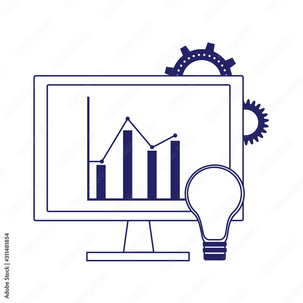 Poster bulb light and computer with graphic chart on screen, flat design