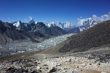 Fototapeta na wymiar Everest trek, View from the way to Kala Patthar of Khumbu Glacier and mountains. Sagarmatha national park, Solukhumbu, Himalayas, Nepal