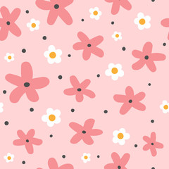 Cute seamless pattern with flowers and round spots. Funny floral print. Girly vector illustration. - 311482800