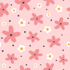  Leuk naadloos patroon met bloemen en ronde vlekken. Grappige bloemenprint. Meisjesachtige vectorillustratie. © Anne Punch
