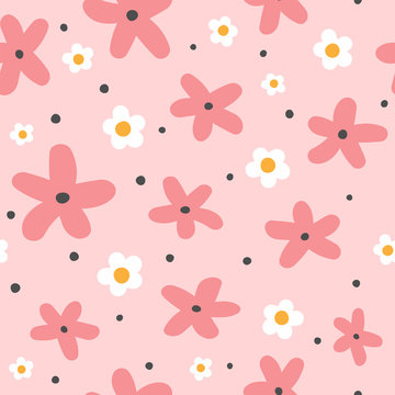 Cute seamless pattern with flowers and round spots. Funny floral print. Girly vector illustration.