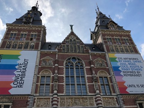 AMSTERDAM - OCTOBER 6, 2019: 4K UltraHD DX daytime Establishing shot of Rijksmuseum, museum of the Netherlands, in Amsterdam. Dutch art and history from the Middle Ages to the present day.