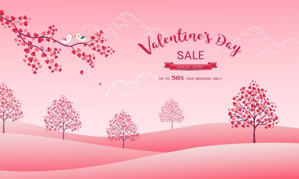 Sweet pink landscape with garden of love,happy Valentine's day with trees and leaves on heart shape,design element for greeting card,gift voucher or invitation