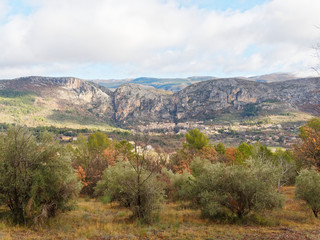 Panoramic view to the Village of Moustiers-Sainte-Marie in the Alpes-de-Haute-Provence, one of most beautiful villages of France