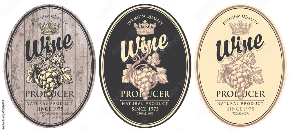 Poster vector set of three wine labels with hand-drawn bunches of grapes, crowns and calligraphic inscripti