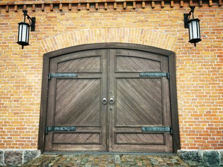 Wooden barn doors in vintage style. Design concept.