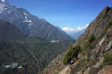 Fototapeta na wymiar Everest trek, View of Deboche and Tengboche villages from Pangboche - Portse upper trail. Mountains Himalayas, Sagarmatha national park, Solukhumbu, Nepal