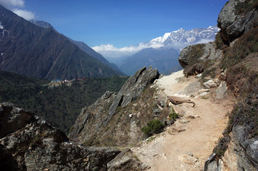 Everest trek, Pangboche - Portse upper trail with view of Tengboche village. Mountains Himalayas, Sagarmatha national park, Solukhumbu, Nepal