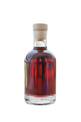 The bottle closed by a stopper with red wine isolated on a white background.
